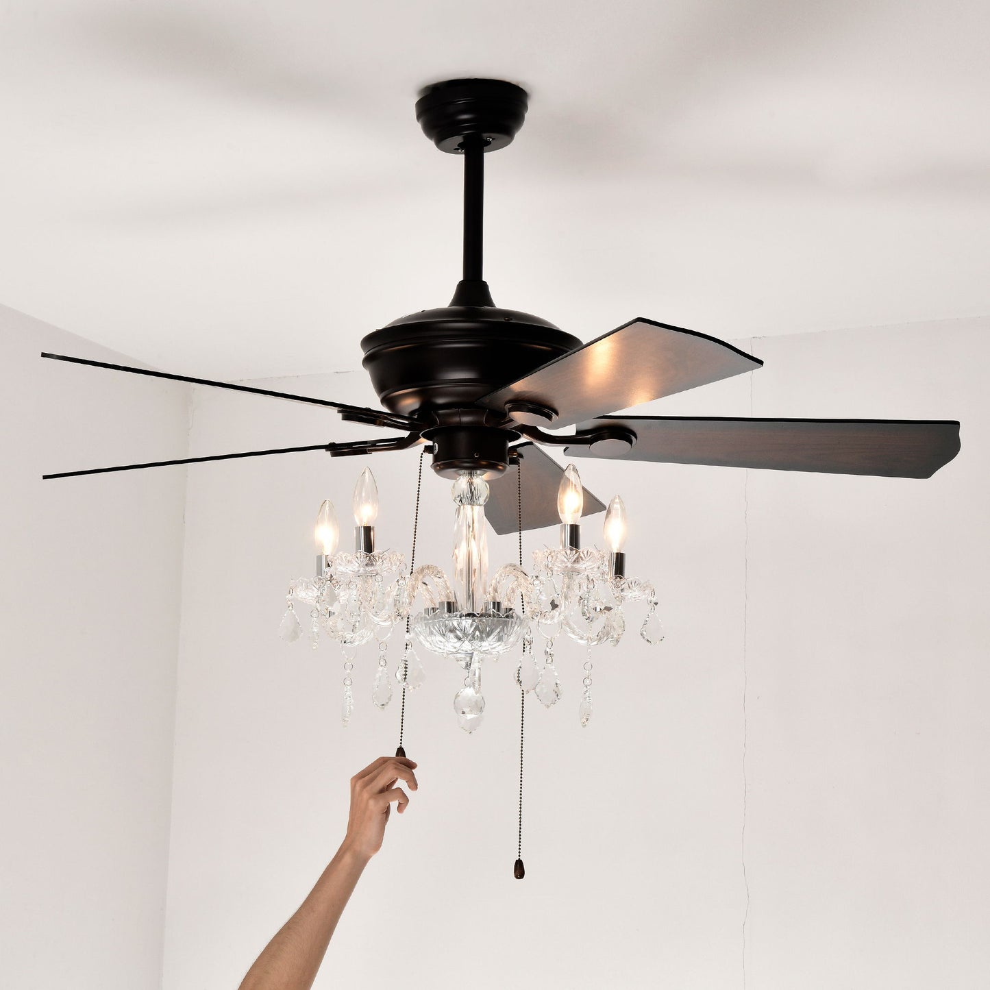52" Crystal Shade Ceiling Fan Lamp, 3 Speed, 4 Timing, 5 Reversible Blades Crystal Ceiling Fan, 5 Pieces X E12 (No Include Bulb), Hand Pull Chain - Matte Black