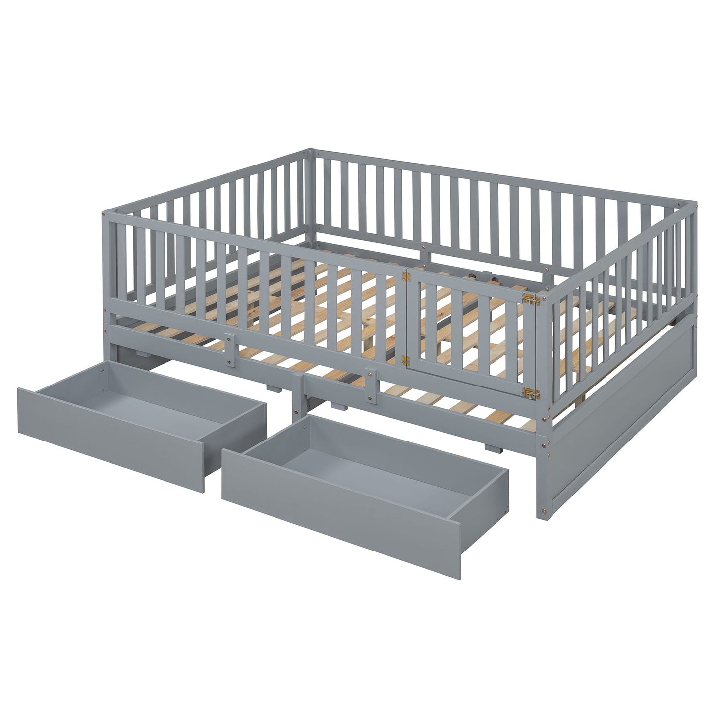 Full Size Daybed With Fence Guardrails And 2 Drawers - Gray