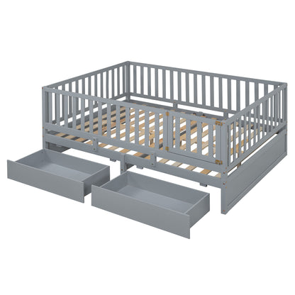 Full Size Daybed With Fence Guardrails And 2 Drawers - Gray