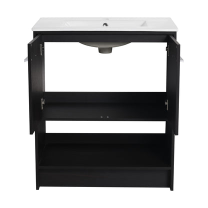 Modern Freestanding 30" Bathroom Vanity With Ceramic Sink, Soft Closing Doors Cabinet - Dark Oak