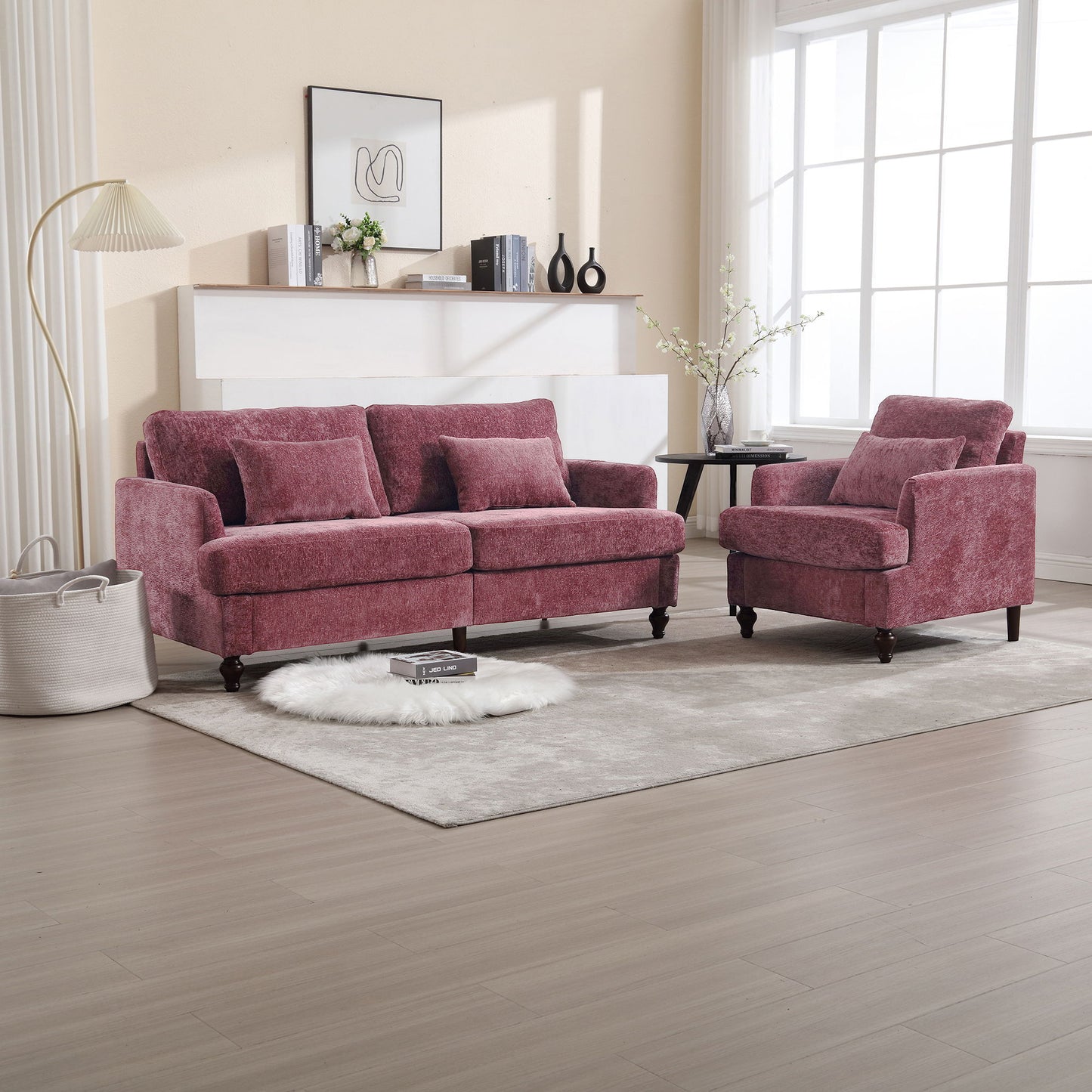 Mid Century Modern Chenille Fabric Loveseat Sofa, 2 Seat Upholstered Couch With Wood Feet - Wine Red