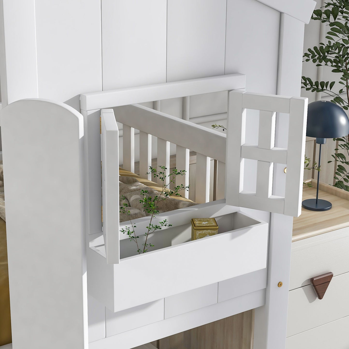 Twin Over Twin House Bunk Bed With Roof, Window, Window Box, Door, With Safety Guardrails And Ladder - White