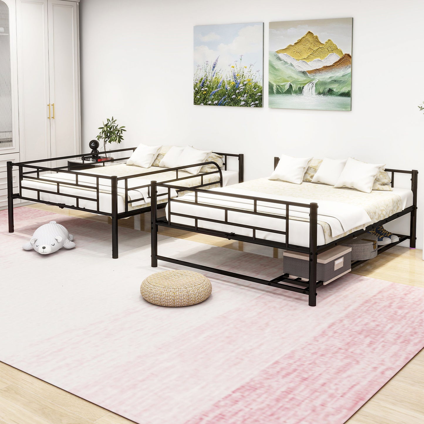 Full Over Full Bunk Bed With Shelf And Guardrails - Black
