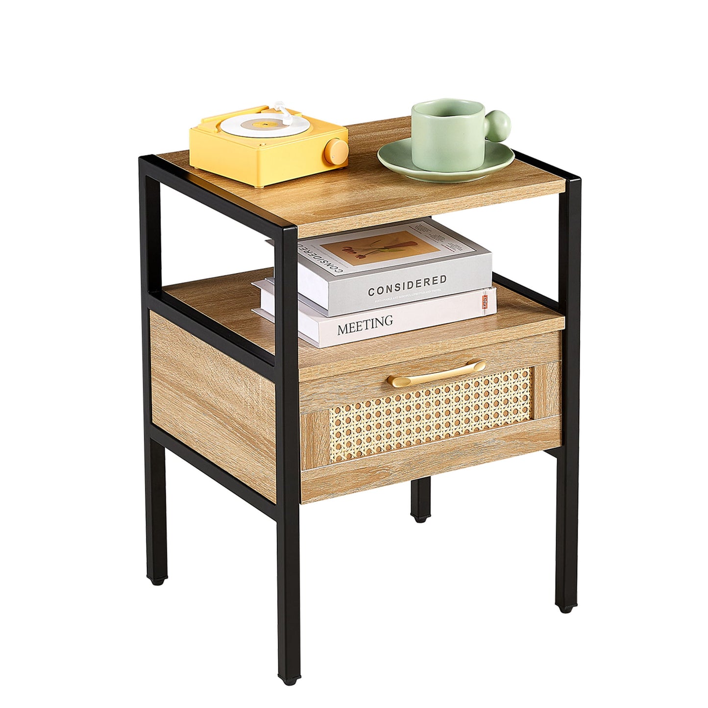 Rattan End Table With Drawer, Modern Nightstand, Metal Legs, Side Table For Living Room, Bedroom - Natural