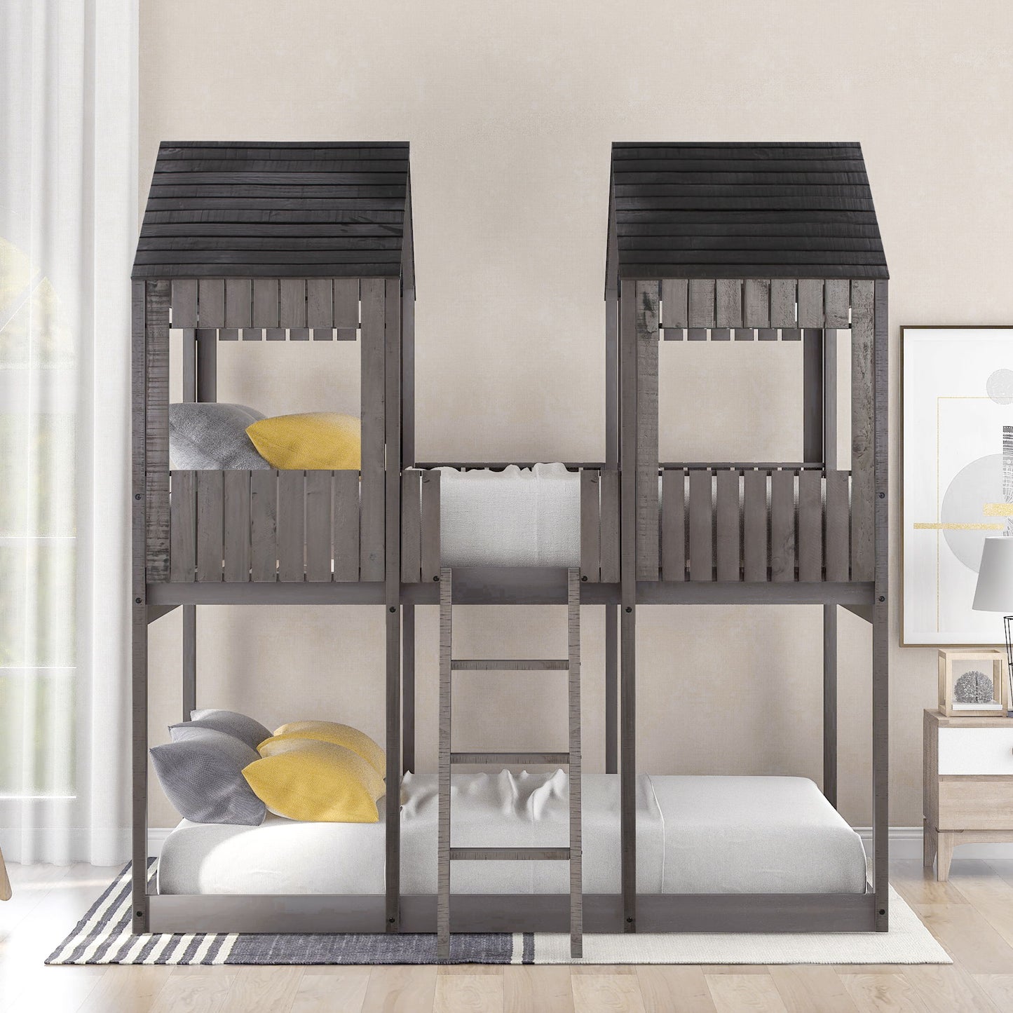Full Over Full Bunk Bed With Roof, Window, Guardrail, Ladder - Antique Gray