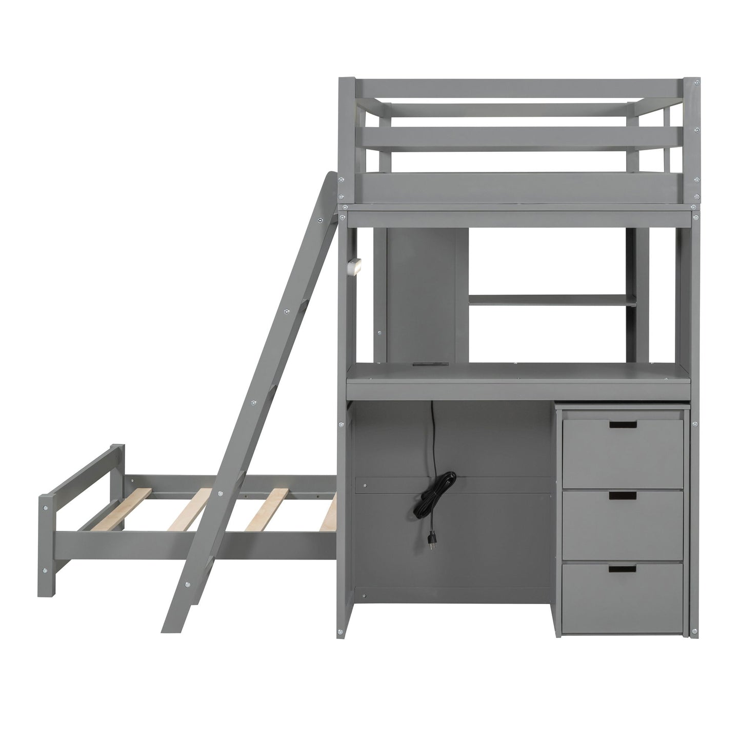 Twin Over Twin Bunk Bed With LED Light And USB Ports - Gray
