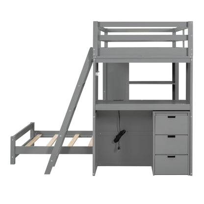 Twin Over Twin Bunk Bed With LED Light And USB Ports - Gray