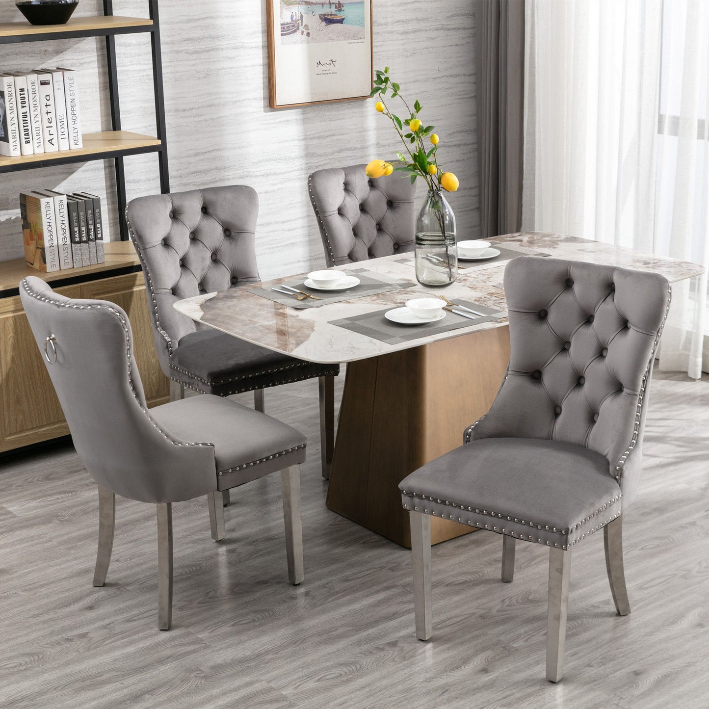 Nikki - Modern, High-End Tufted Solid Wood Contemporary Velvet Upholstered Dining Chair With Chrome Stainless Steel Plating Legs, Nailhead Trim (Set of 2) - Gray / Chrome