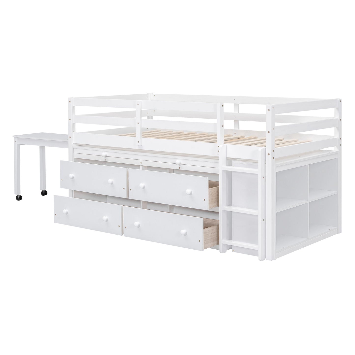 Twin Size Loft Bed With Retractable Writing Desk And 4 Drawers, With Lateral Portable Desk And Shelves - White