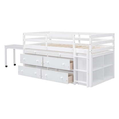 Twin Size Loft Bed With Retractable Writing Desk And 4 Drawers, With Lateral Portable Desk And Shelves - White