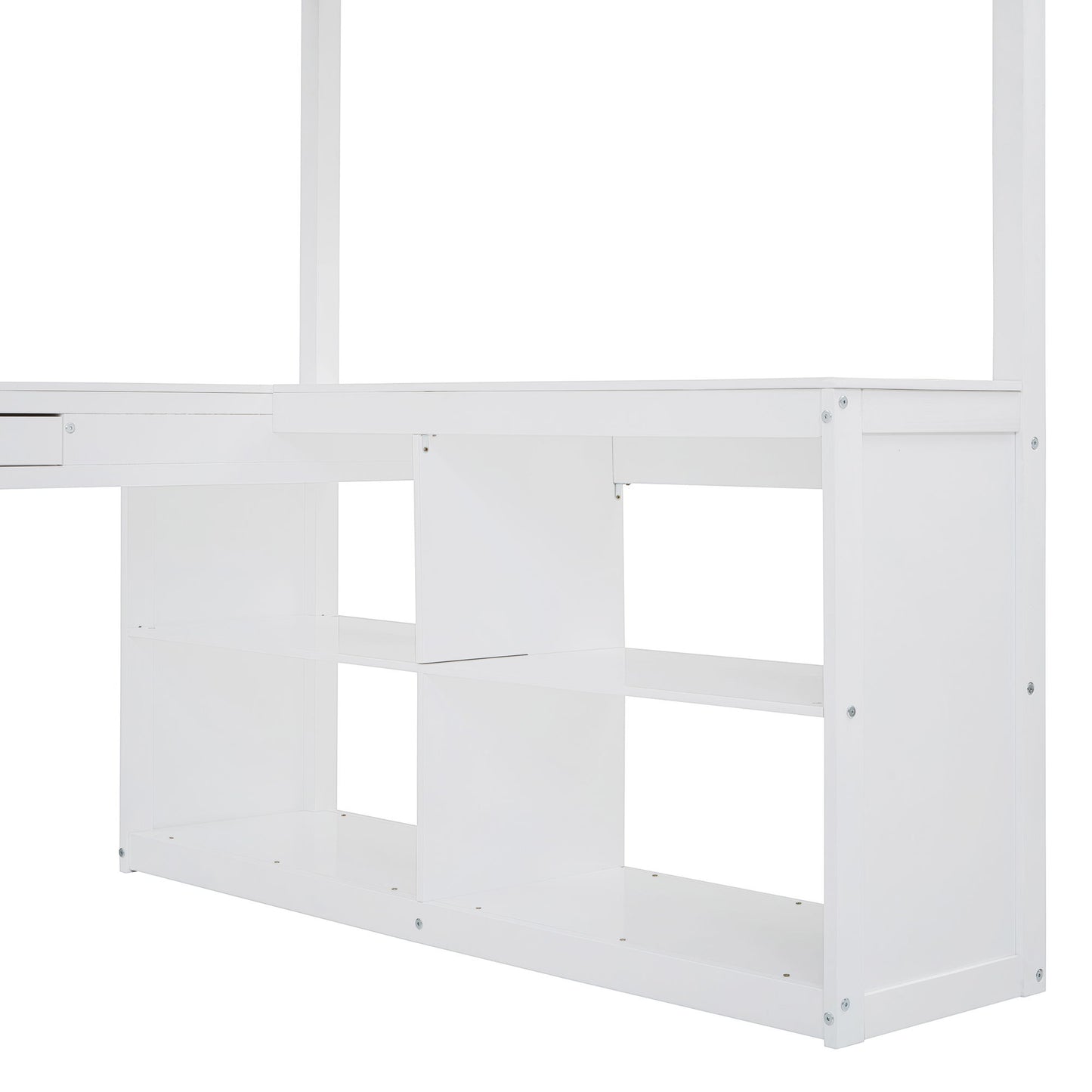 Full Loft Bed With U Shaped Desk, Storage Compartments And Tri Fold Mirror - White