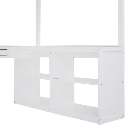 Full Loft Bed With U Shaped Desk, Storage Compartments And Tri Fold Mirror - White