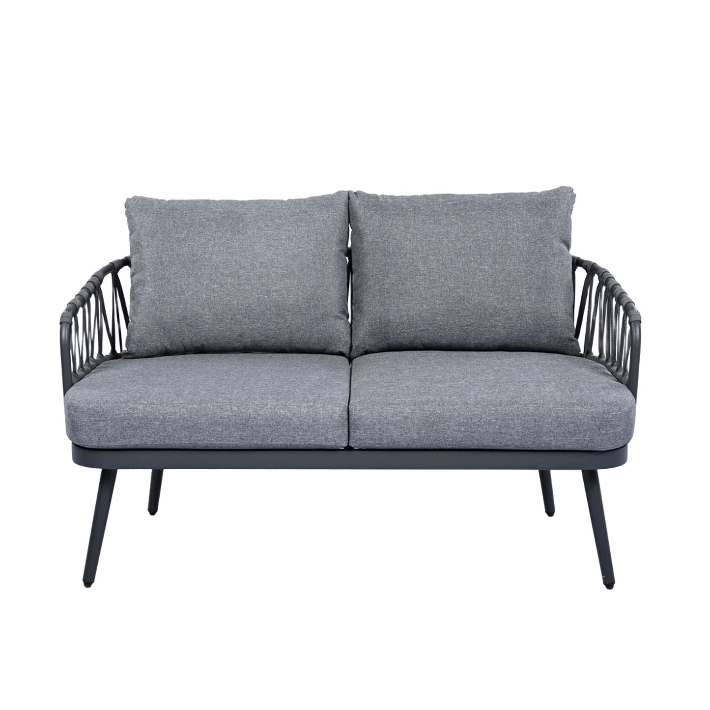 4 Piece Outdoor Patio Furniture Set, Metal Chairs With Woven Rope U Shaped Backrest, Outdoor Conversation Set With Thick Cushions And Coffee Table For Garden, Poolside, Balcony - Black / Gray