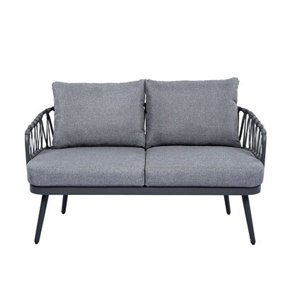4 Piece Outdoor Patio Furniture Set, Metal Chairs With Woven Rope U Shaped Backrest, Outdoor Conversation Set With Thick Cushions And Coffee Table For Garden, Poolside, Balcony - Black / Gray
