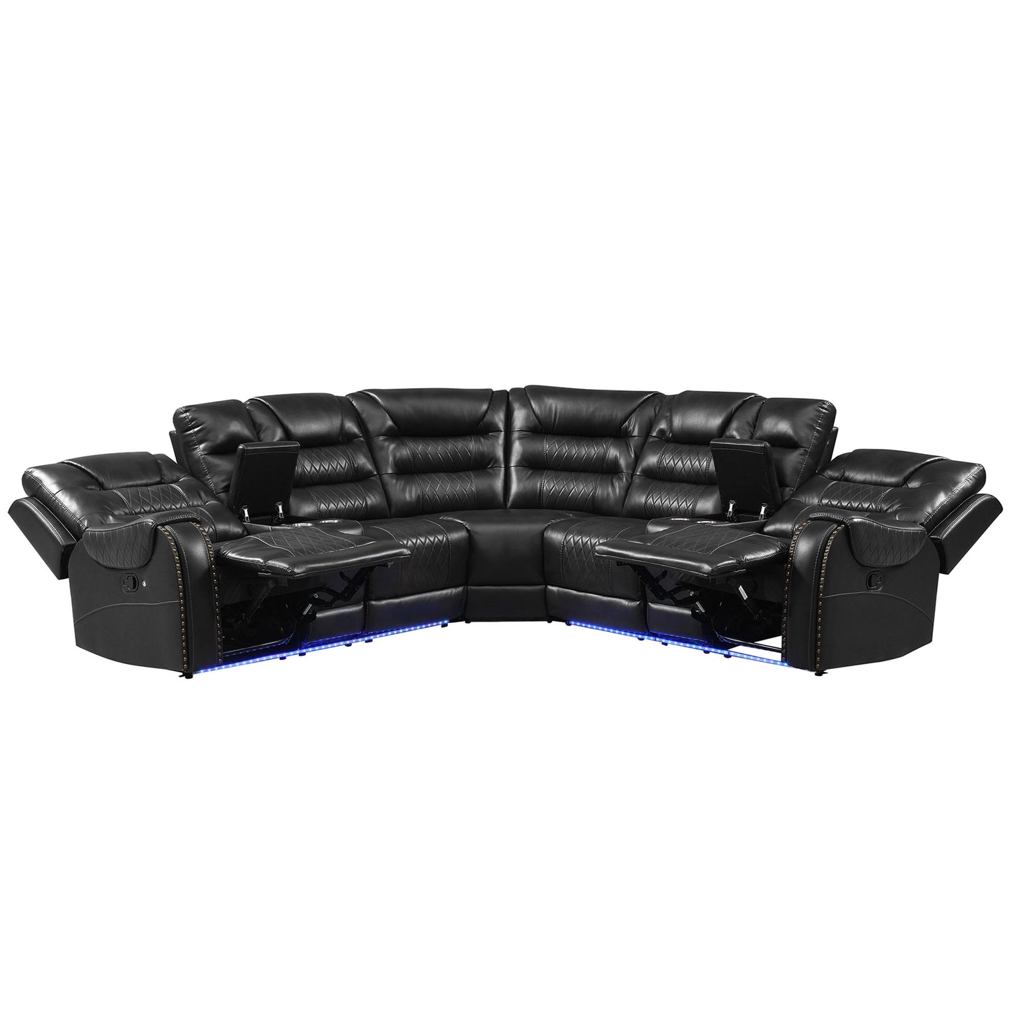 Manual Reclining Sectional Sofa Set L Shaped Symmetrical Motion Sofa Corner Couch Sets With Storage Boxes, 4 Cup Holders And LED Light Strip For Living Room - Black