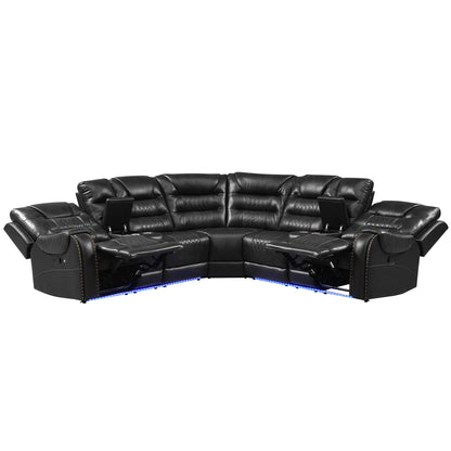 Manual Reclining Sectional Sofa Set L Shaped Symmetrical Motion Sofa Corner Couch Sets With Storage Boxes, 4 Cup Holders And LED Light Strip For Living Room - Black