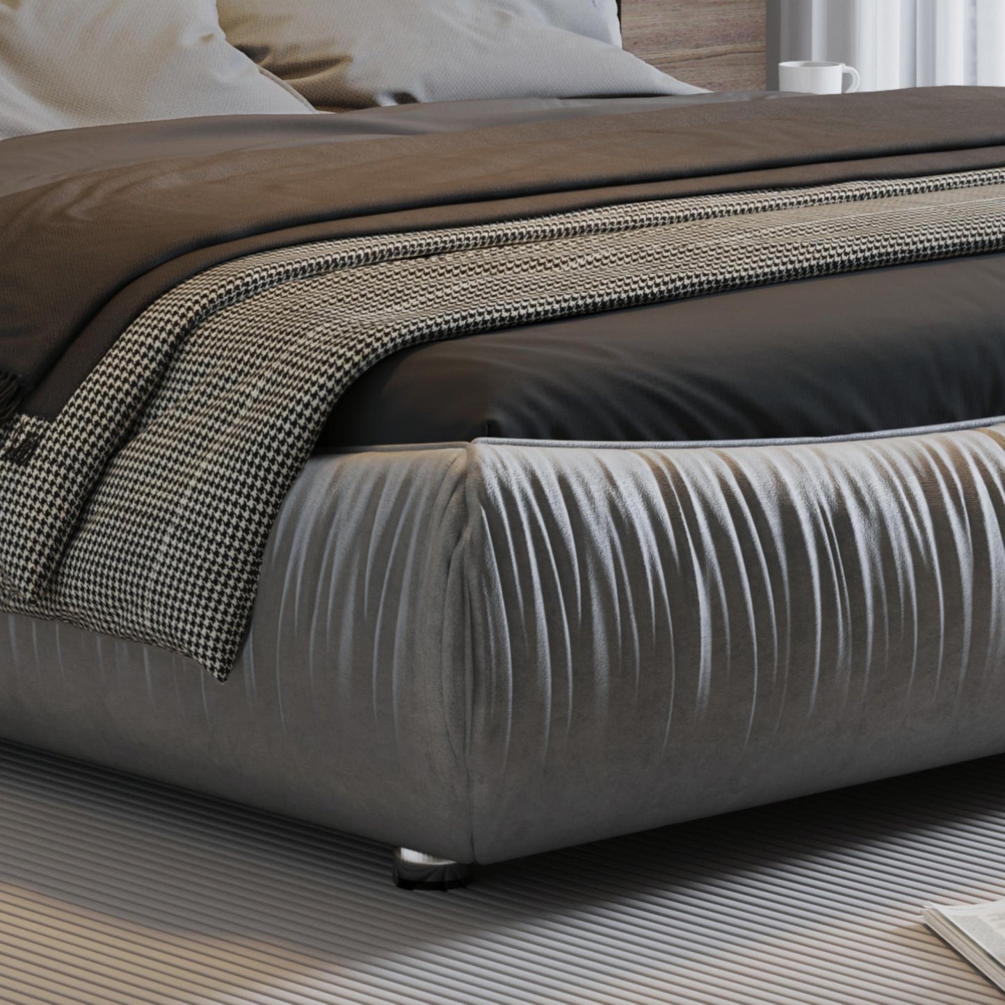 King Size Luxury Upholstered Platform Bed With Oversized Padded Backrest And Solid Wood Frame, Suitable For Multiple Heights Of Mattresses - Gray