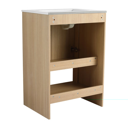 Modern 24" Freestanding Bathroom Vanity With Ceramic Sink And Soft Closing Doors - Oak