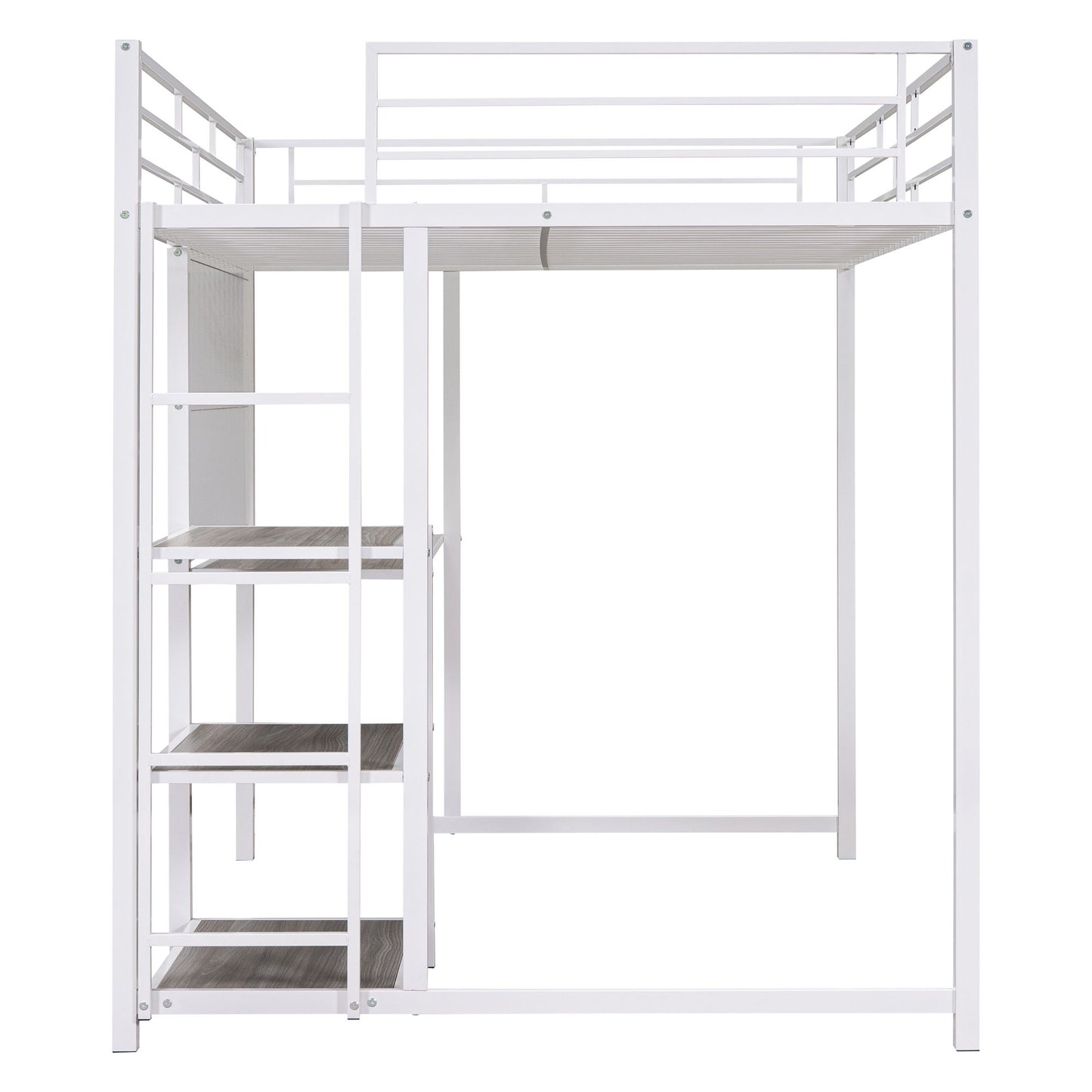 Full Size Loft Bed With Desk And Whiteboard, Loft Bed With 3 Shelves And Ladder - White