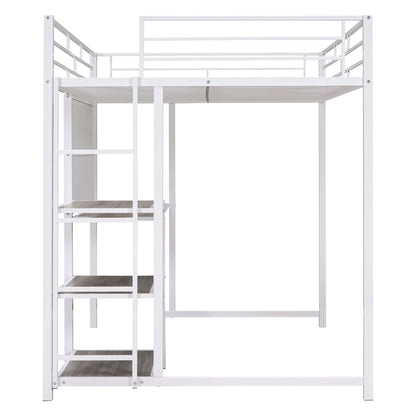 Full Size Loft Bed With Desk And Whiteboard, Loft Bed With 3 Shelves And Ladder - White