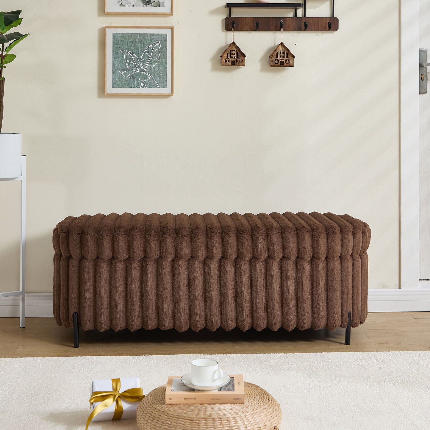 Contemporary Faux Fur Flip Top Storage Bench With - Black Metal Legs, Wide - Brown