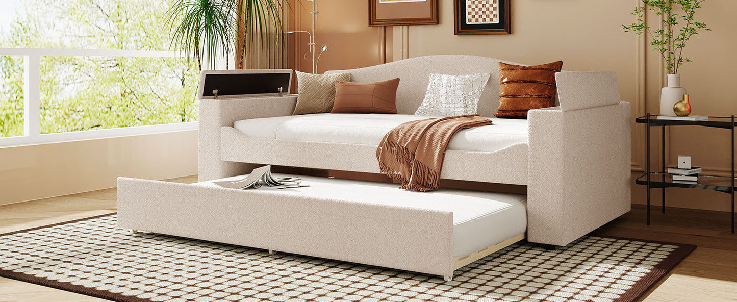 Twin Size Upholstered Daybed With Storage Armrests, Trundle And Latest Integrated Bluetooth Audio System - Beige