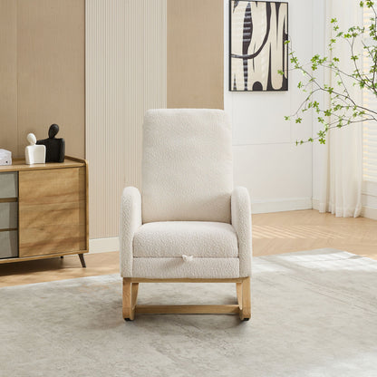 Rocking Chair For Nursery, High Back Glider With Retractable Footrest, Boucle Upholstery, Rubber Wood Legs - Ivory