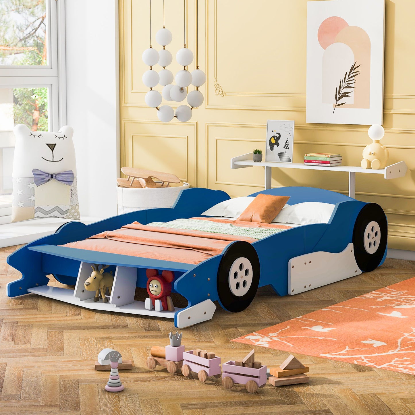 Full Size Race Car Shaped Platform Bed With Wheels - Blue