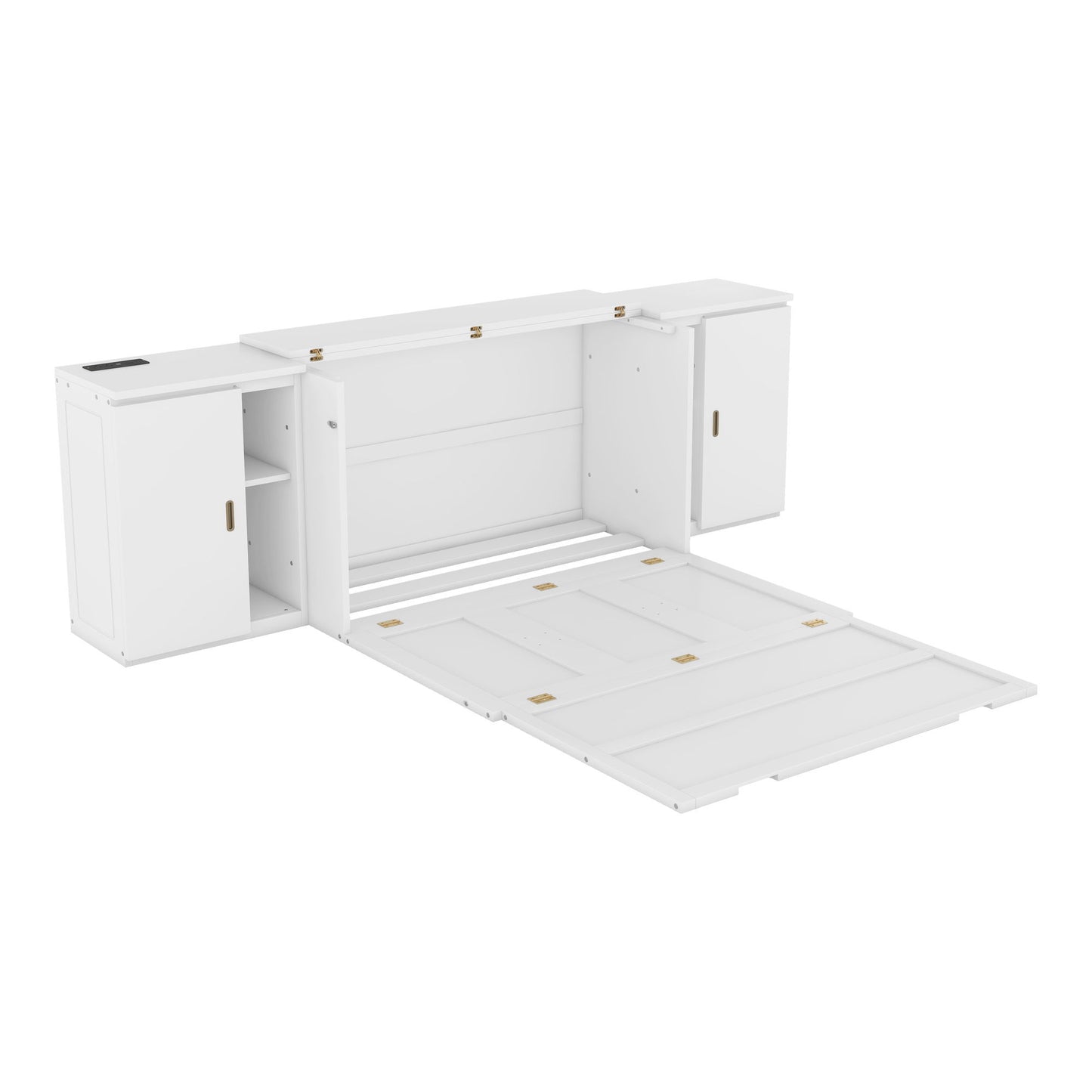 Full Size Murphy Bed With Shelves, Cabinets And USB Ports - White