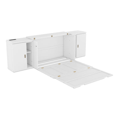 Full Size Murphy Bed With Shelves, Cabinets And USB Ports - White