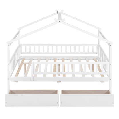 Full Size House Bed With 2 Drawers - White
