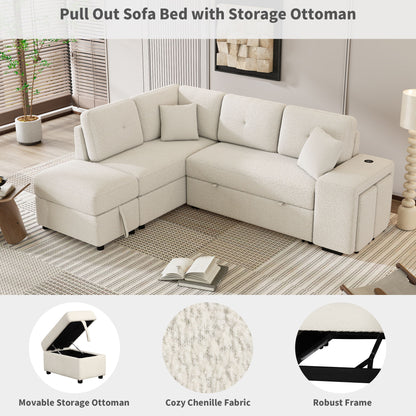 Convertible Sleeper, Sectional Pull Out Sofa Bed With Storage Ottoman, 2 Throw Pillows, 2 Stools, Wireless Charger And Two Hidden USB Ports For Living Room - Cream