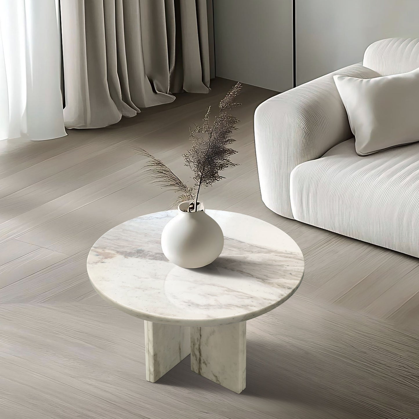 Natural Marble Coffee Table, Snow Mountain, Semi Polished Surface - White