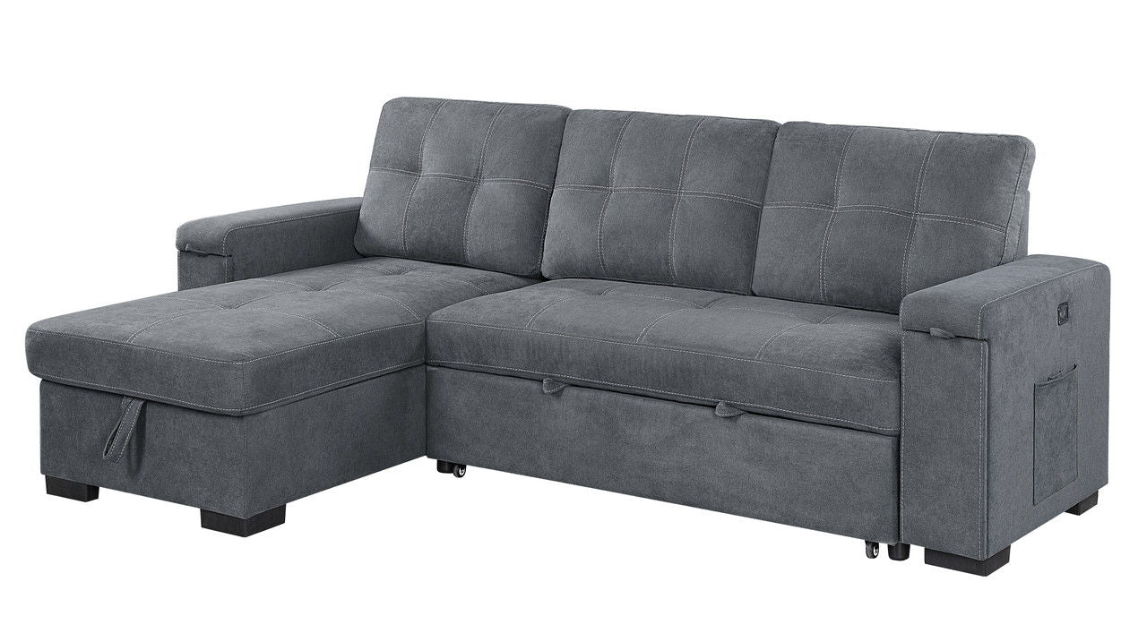 Toby - Woven Fabric Reversible Sleeper Sectional Sofa With Storage Chaise Cup Holder Charging Ports And Pockets - Gray
