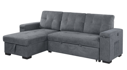 Toby - Woven Fabric Reversible Sleeper Sectional Sofa With Storage Chaise Cup Holder Charging Ports And Pockets - Gray