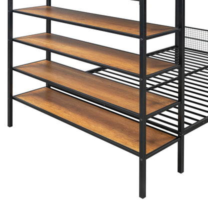 Twin Over Full Bunk Bed With 5 Tier Shelves - Black