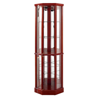 6 Shelf Lighted Corner Curio Cabinet With Adjustable Tempered Glass Shelves And Mirror Back (E26 Light Bulb Not Included) - Cherry
