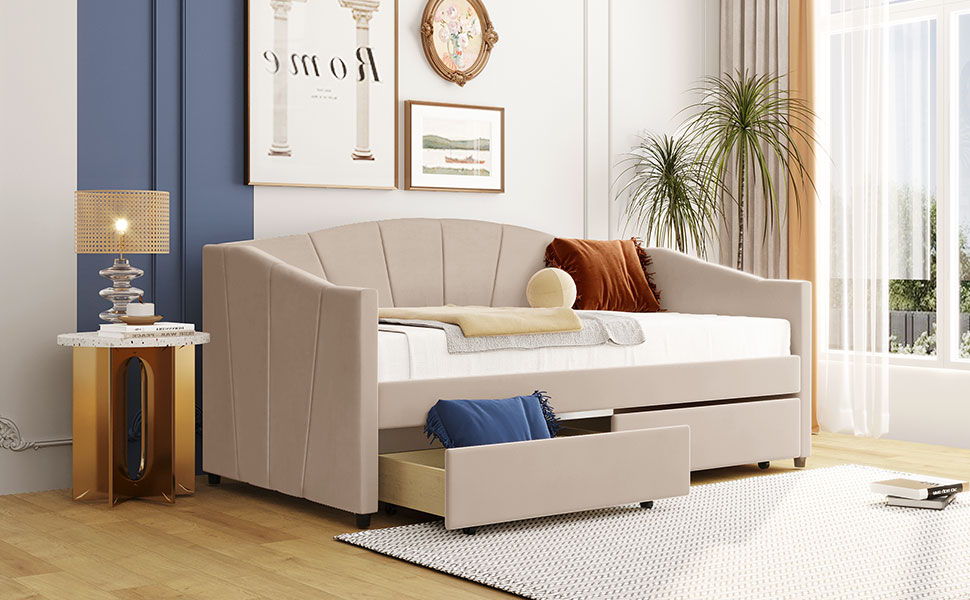 Twin Size Upholstered Daybed With Two Drawers And Slat - Beige