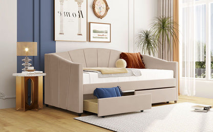 Twin Size Upholstered Daybed With Two Drawers And Slat - Beige