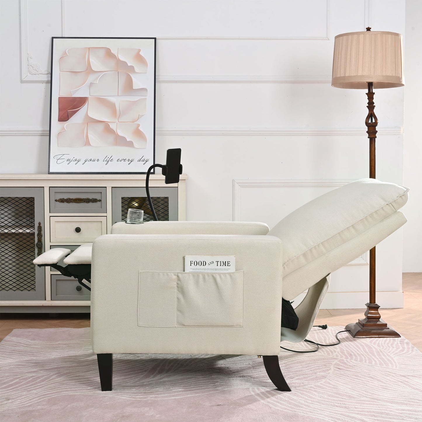 Recliner Chairs For Adults, Adjustable Recliner Sofa With Mobile Phone Holder & Cup Holder, Modern Reclining Chairs Fabric Push Back Recliner Chairs For Living Room, Bedroom - Beige