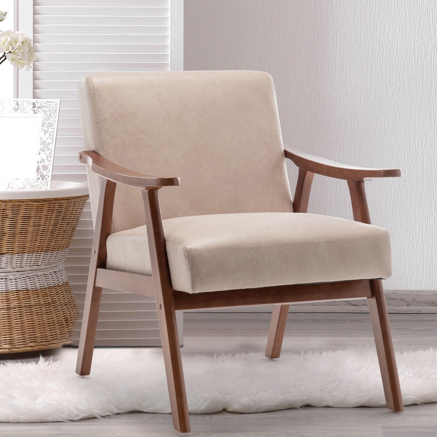 Mid Century Modern Wingback Accent Chair With Solid Wood Frame And Extra Thick Backrest - Lounge Chair For Living Room, Bedroom, Or Reading Room - Light Camel