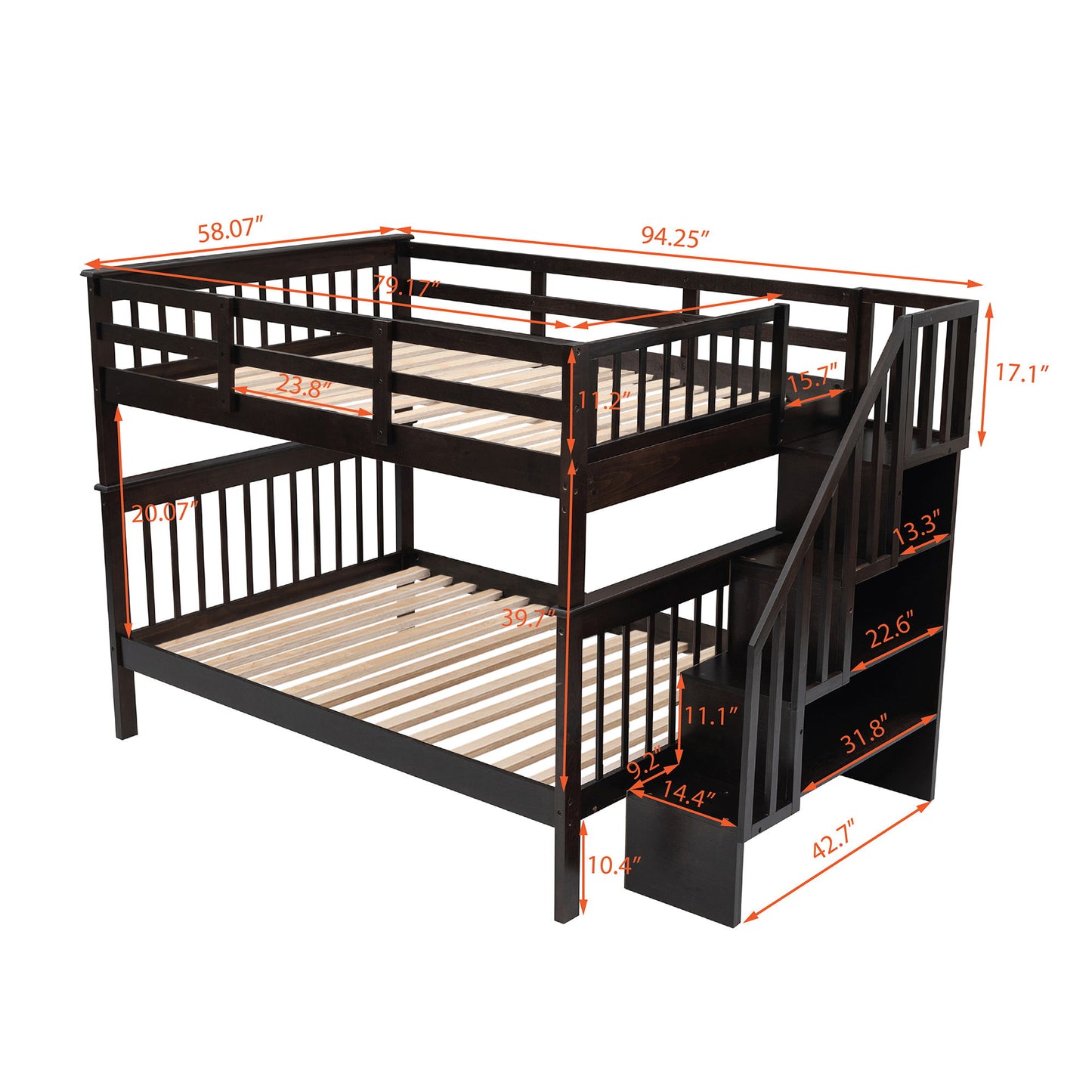 Full Over Full Stairway Bunk Bed With Storage And Guard Rail For Bedroom - Espresso