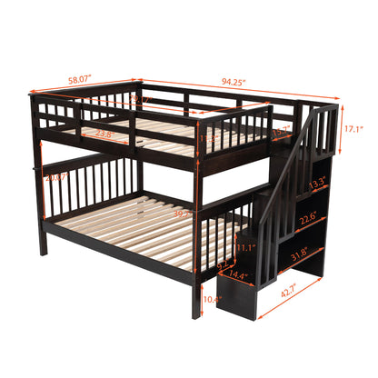 Full Over Full Stairway Bunk Bed With Storage And Guard Rail For Bedroom - Espresso