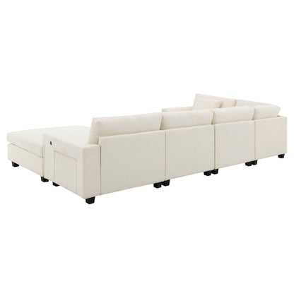 U Shaped Sectional Sofa 6 Seat Couch Set With Oversized Ottoman, Hidden Armrest Storage And Cup Holders USB Charging Ports Wide Seat Sofa - Off White
