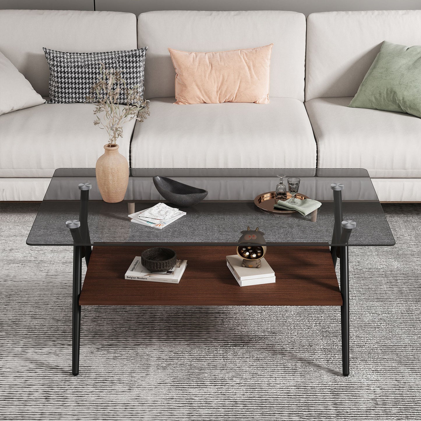 Rectangle Coffee Table With Tempered Glass Top And Brown MDF Shelf, Modern Table For Living Room - Gray