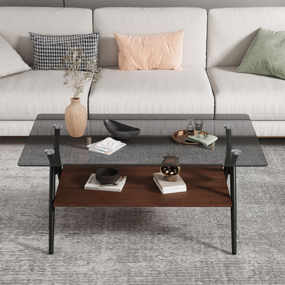 Rectangle Coffee Table With Tempered Glass Top And Brown MDF Shelf, Modern Table For Living Room - Gray