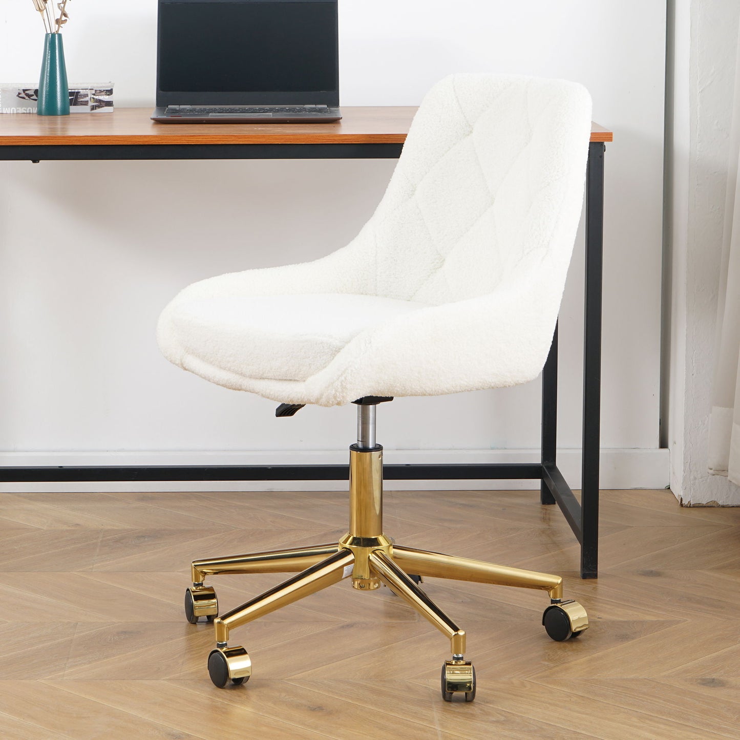 Modern Teddy Fleece Fabric Dining Chair With Gold Legs, Soft And Comfortable, Adjustable, Space Saving - Beige