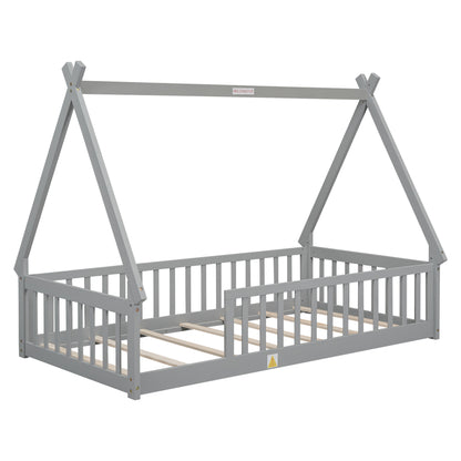 Twin Tent-Shaped Floor Bed, Teepee Bed With Guardrails, Slats - Gray