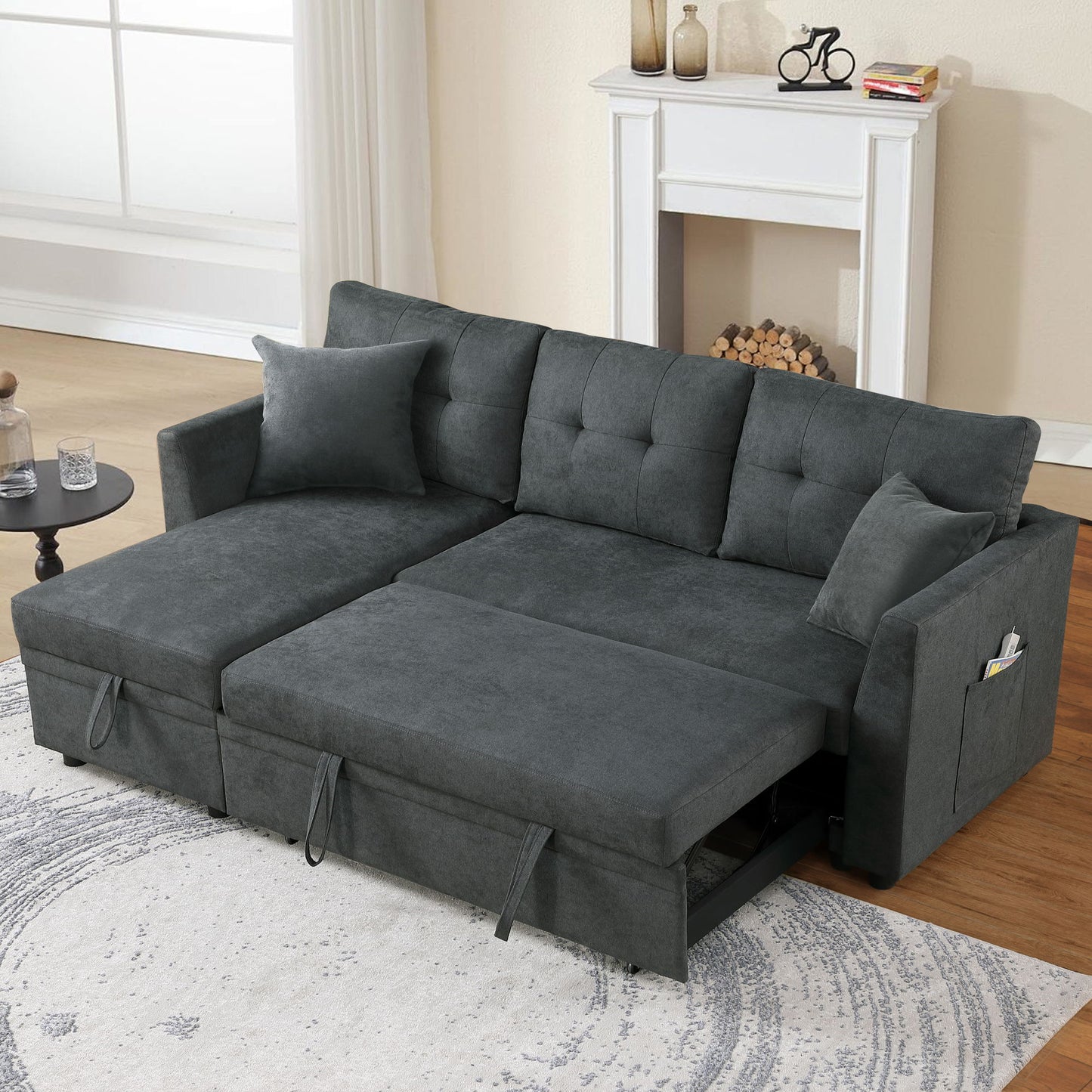 Sectional Sofa Bed L Shaped Sofa Couch Bed With USB Port, Reversible Sofa Couch Sleeper With Pull Out Bed, Chaise With Storage, Pull Out Couch For Living Room - Gray
