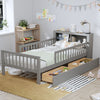 Twin Size Bed With Headboard Storage Rack, 2 Under Bed Drawers, 3 - Side Guardrails For Safety And Security - Gray